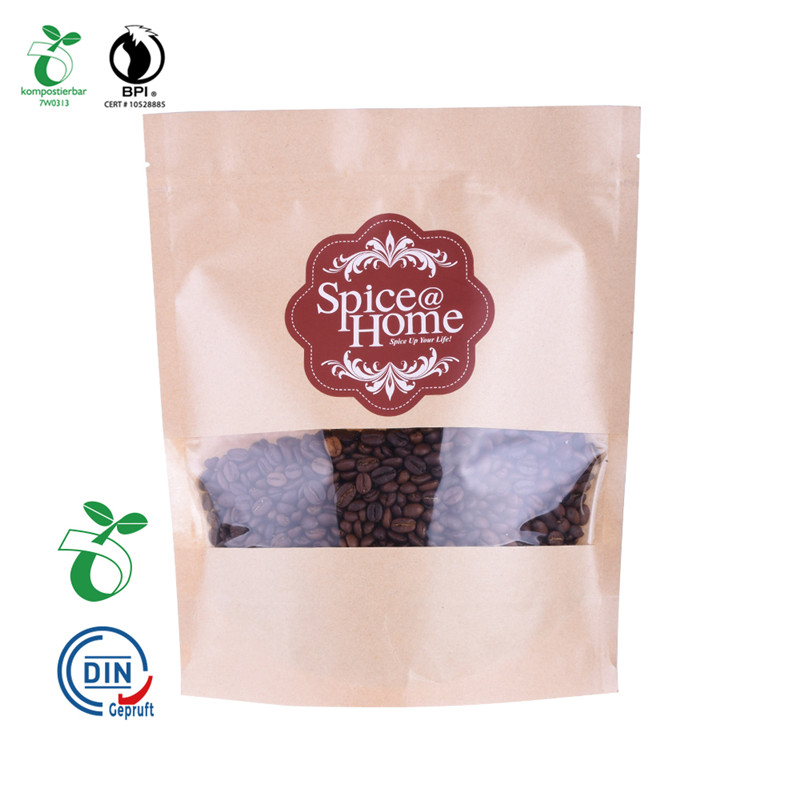PLA Plastic Kraft Bags with Window Biodegradable Pla Food Tea Plastic Bag Coffee Beans/Beef Jerky/Snack 