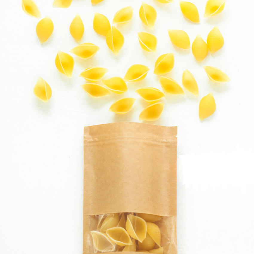 Wholesale Biodegradable Brown Kraft Paper Stand Up Pouch with Window for Gluten Free Pasta