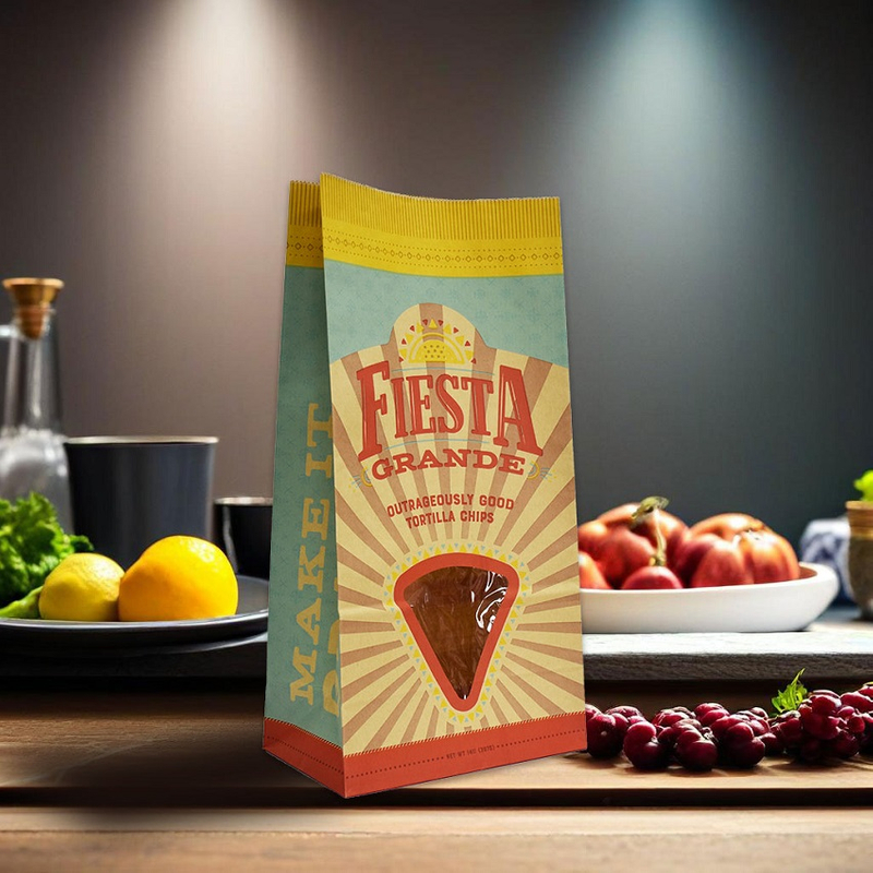 Saco de papel personalizado seguro para alimentos com chips de tortilha marrom SOS com janela em formato