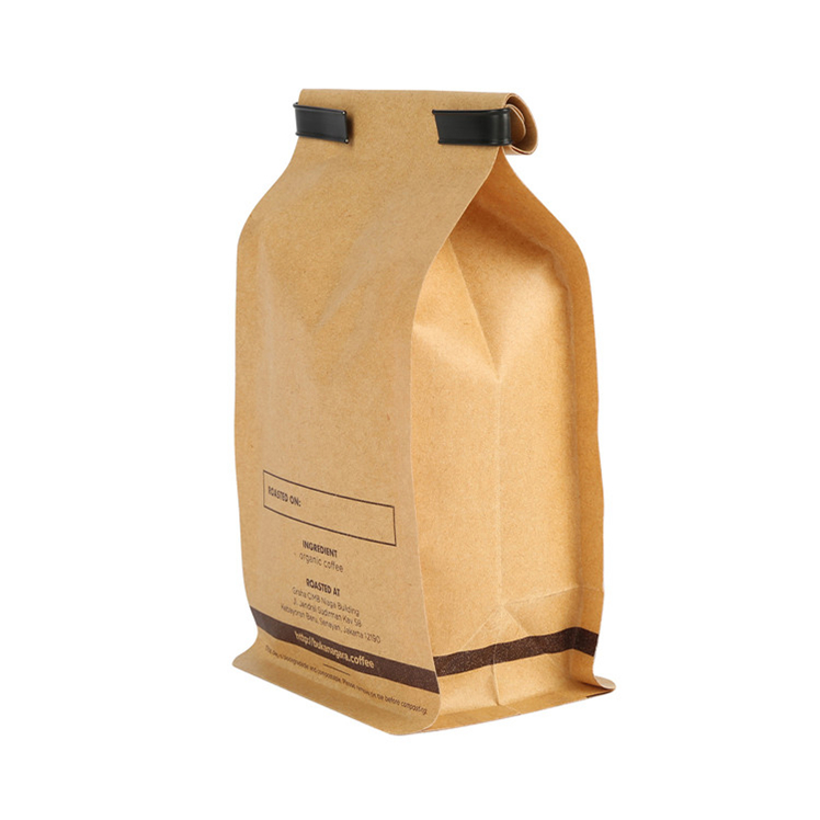 Flat Bottom Natural Kraft Coffee Bean Compostable Bag One-way Valve